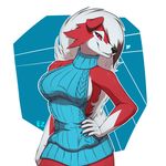  &lt;3 anthro black_nose eternity_zinogre female fur hair long_hair looking_at_viewer lycanroc midnight_lycanroc multicolored_fur nintendo pok&eacute;mon red_eyes red_fur simple_background smile two_tone_fur video_games virgin_killer_sweater white_fur 