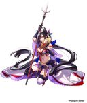 absurdly_long_hair absurdres blonde_hair boots butterfly_hair_ornament chacha_(shinobi_nightmare) fan full_body hair_ornament highres holding holding_fan holding_weapon long_hair looking_at_viewer navel official_art polearm purple_eyes shinobi_nightmare simple_background smile solo spear thigh_boots thighhighs very_long_hair weapon white_background 