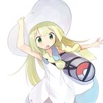  bag blonde_hair braid dress duffel_bag green_eyes hand_on_headwear hat highres kyabechi lillie_(pokemon) long_hair open_mouth poke_ball_theme pokemon pokemon_(game) pokemon_sm simple_background sleeveless sleeveless_dress solo sun_hat twin_braids white_background white_dress white_hat 