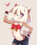  animal_ears armband blush breasts ears eyebrows flat_chest furry heart highres looking_at_viewer one_eye_closed original purple_eyes ribbon salute short_hair shorts simple_background smile solo tail tongue tongue_out white_hair wristband yuuki_(yuyuki000) 