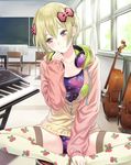  absurdres blonde_hair bow breasts brown_eyes classroom hair_bow headphones headphones_around_neck highres indoors instrument jacket kishida_mel long_sleeves looking_at_viewer medium_breasts motoyo_rokuma official_art piano school_fanfare short_hair sitting solo swimsuit swimsuit_under_clothes thighhighs violin 