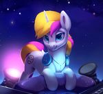  blonde_hair blue_eyes cutie_mark equine fan_character feral hair headphones hooves horn mammal my_little_pony night no_sound purple_hair rodrigues404 simple_background sky smile solo star starry_sky unicorn 