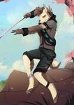  2017 athro brown_fur clothed clothing day detailed_background digitigrade fur holding_object holding_weapon lycangel male mammal melee_weapon outside smile solo sword weapon 