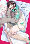 aqua_shorts brown_eyes brown_hair creamyya dakimakura_(object) jacket letterman_jacket looking_at_viewer lying on_side one_eye_closed oversized_clothes pillow pink_background ribbed_legwear seiyuu_connection short_hair shorts simple_background smile tanuqn thighhighs tone_rion tone_rion_(vocaloid4) vocaloid white_legwear yumemi_nemu_(vocaloid) 
