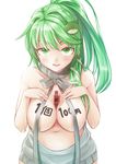  between_breasts body_writing box breasts dress frog_hair_ornament gift gift_between_breasts gift_box green_eyes green_hair grey_sweater groin hair_ornament halterneck highres kochiya_sanae large_breasts long_hair looking_at_viewer meme_attire navel no_bra pasties ponytail simple_background smile solo spread_cleavage sweater sweater_dress tenneko_yuuri touhou turtleneck turtleneck_sweater valentine virgin_killer_sweater wardrobe_error white_background 