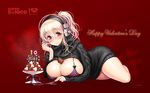  aran_sweater between_breasts black_sweater blush bra breasts center_opening chocolate chocolate_heart cleavage cleavage_cutout dress food fruit happy_valentine headphones heart highres large_breasts looking_at_viewer meme_attire nitroplus official_art open-chest_sweater pink_eyes pink_hair ponytail ribbed_sweater ribbon smile solo strawberry striped striped_bra super_sonico sweater sweater_dress tsuji_santa turtleneck underwear valentine 