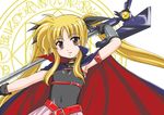  bangs bardiche belt black_gloves black_leotard blonde_hair cape fate_testarossa fingerless_gloves gloves hair_ribbon halterneck holding leotard long_hair looking_at_viewer lyrical_nanoha magic_circle magical_girl mahou_shoujo_lyrical_nanoha mahou_shoujo_lyrical_nanoha_a's overskirt parted_lips red_belt red_eyes ribbon sleeveless smile solo standing twintails upper_body very_long_hair wan'yan_aguda 