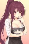  :o apron bangs black_apron blush bowl breasts brown_hair cleavage collarbone commentary_request eyebrows_visible_through_hair fate/grand_order fate_(series) food food_on_face food_on_finger hair_between_eyes hair_intakes highres holding holding_bowl large_breasts long_hair mashu_003 mixing_bowl open_mouth ponytail red_eyes scathach_(fate)_(all) scathach_(fate/grand_order) solo suggestive_fluid tasting upper_body v-shaped_eyebrows very_long_hair whisk 