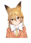  animal_ears blazer blonde_hair blush bow bowtie closed_mouth extra_ears eyebrows_visible_through_hair ezo_red_fox_(kemono_friends) fox_ears hair_between_eyes head_tilt jacket kemono_friends long_hair looking_at_viewer mikazuchi_zeus necktie orange_jacket shiny shiny_hair simple_background smile solo straight_hair upper_body white_background white_bow white_neckwear yellow_eyes yellow_neckwear 