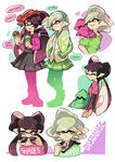  2girls alternate_hairstyle aori_(splatoon) aqua_hairband bandana black_hair black_shirt black_skirt brown_eyes casual closed_eyes closed_mouth cousins domino_mask earrings english food green_shirt green_skirt grey_hair hair_down hairband hands_in_pockets hat holding holding_food hotaru_(splatoon) hug hug_from_behind ice_cream_cone jacket jewelry layered_clothing light_smile long_hair long_sleeves mask miniskirt multiple_girls one_eye_closed open_mouth pleated_skirt pointy_ears purple_jacket serious shirt short_hair short_over_long_sleeves short_sleeves sitting skirt smile splatoon_(series) splatoon_1 squid sunglasses t-shirt tentacle_hair wong_ying_chee 