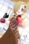  apron blonde_hair box chocolate chocolate_heart earrings faucet feeding foreshortening gift gift_box hair_ornament hair_over_one_eye heart heart_hair_ornament highres idolmaster idolmaster_cinderella_girls incoming_gift indoors jewelry ladle looking_at_viewer momo_(higanbana_and_girl) pot pov_feeding red_eyes shirasaka_koume short_hair short_sleeves smile solo valentine 