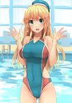  atago_(kantai_collection) bad_id bad_pixiv_id bare_arms bare_shoulders beret blonde_hair blue_swimsuit blurry breasts collarbone competition_swimsuit cowboy_shot depth_of_field green_eyes hair_between_eyes hat highres impossible_clothes kantai_collection large_breasts lips long_hair looking_at_viewer multicolored multicolored_clothes multicolored_swimsuit one-piece_swimsuit open_mouth solo soushou_nin swimsuit thighs 
