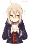  ahoge artoria_pendragon_(all) bangs blonde_hair blowing checkered checkered_scarf coat coffee commentary_request cup eyebrows_visible_through_hair fate/grand_order fate_(series) hair_between_eyes holding holding_cup looking_at_viewer mug mysterious_heroine_x_(alter) parted_lips red_scarf scarf sidelocks signature simple_background solo torimaru twitter_username upper_body whipped_cream white_background yellow_eyes 