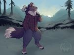  2017 4_toes 5_fingers anthro axe barefoot biped black_claws black_fur black_tail canine claws clothed clothing detailed_background digital_media_(artwork) digitigrade dipstick_tail eyebrows facial_piercing flannel fluffy fluffy_tail forestfright front_view full-length_portrait fully_clothed fur grass grey_fur hand_in_pocket holding_object inner_ear_fluff landscape looking_away lumberjack male mammal melee_weapon mountain multicolored_fur multicolored_tail nose_piercing nose_ring pants piercing portrait septum_piercing shirt sky snout solo standing sun toes tree two_tone_tail watermark weapon white_fur white_tail 