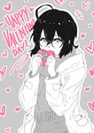  black_hair blush box chocolate chocolate_heart coat collared_shirt dress_shirt gift glasses happy_valentine heart heart-shaped_box highres holding hood hood_down jacket keikyu_(tiltedcube) long_sleeves looking_at_viewer monochrome monochrome_background original ribbon scarf shirt short_hair smile solo valentine 