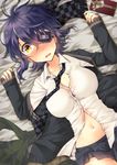  blouse blush breasts cardigan checkered checkered_neckwear eyepatch from_above headgear highres jewelry kantai_collection kotobuki_(momoko_factory) large_breasts looking_at_viewer lying navel necktie on_back open_cardigan open_clothes open_mouth purple_hair ring school_uniform short_hair solo tenryuu_(kantai_collection) tongue unbuttoned untied upper_body wavy_mouth wedding_ring white_blouse yellow_eyes 