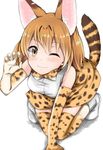  ;3 animal_ears blonde_hair blush boots claw_pose eyebrows eyebrows_visible_through_hair gloves highres ippachi kemono_friends one_eye_closed ribbon serval_(kemono_friends) serval_ears serval_print serval_tail short_hair simple_background skirt smile solo tail thighhighs yellow_eyes zettai_ryouiki 