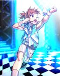  ;d alternate_costume belt bnjgm. brown_eyes brown_hair checkered checkered_floor clenched_hand dog_tags fang headset idol idolmaster idolmaster_side-m knees male_focus one_eye_closed open_mouth original_pieces shoes shorts sleeveless smile sneakers solo sparkle stage tachibana_shirou 
