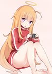  :o absurdres bags_under_eyes barefoot blonde_hair bottomless full_body gabriel_dropout halo handheld_game_console highres jacket legs long_hair long_sleeves looking_at_viewer messy_hair no_panties playstation_portable purple_eyes qian_chuan_jiuli sitting solo tenma_gabriel_white track_jacket very_long_hair 