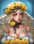  absurdres black_ribbon blonde_hair breasts choker cleavage flower highres large_breasts long_hair parted_lips rena_illusion ribbon ribbon_choker solo yellow_eyes yellow_flower 
