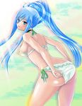  adjusting_clothes adjusting_swimsuit aoki_hagane_no_arpeggio ass bikini blue_eyes blue_hair choker frilled_bikini frills from_behind leaning_forward long_hair looking_at_viewer looking_back ponytail side-tie_bikini solo swimsuit takao_(aoki_hagane_no_arpeggio) white_bikini yappy_(yapis_company) 