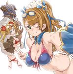  1boy 2girls armpits ass beatrix_(granblue_fantasy) bikini blonde_hair breasts brown_hair cleavage crossed_arms dark_skin dark_skinned_male eyewear_on_head granblue_fantasy green_eyes helmet large_breasts long_hair looking_at_viewer multiple_girls one_eye_closed ponytail red_bikini simple_background smile spoken_exclamation_mark swimsuit thomasz twintails v vaseraga white_background zeta_(granblue_fantasy) 