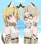  animal_ears animal_print arm_at_side bare_shoulders blonde_hair blue_background bow cat_ears chestnut_mouth copyright_name elbow_gloves extra_ears fang glasses gloves green_eyes kemono_friends logo margay_(kemono_friends) multiple_girls ocelot_(kemono_friends) ocelot_ears open_mouth orange_eyes simple_background symmetry upper_body yoshizaki_mine 