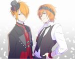  ;) alternate_hairstyle armband black_neckwear confetti eyebrows eyelashes gradient gradient_background green_eyes hair_over_one_eye hat headband idolmaster idolmaster_side-m looking_at_viewer male_focus mini_hat mini_top_hat multiple_boys necktie nemuko_(bratboy) one_eye_closed orange_eyes orange_hair red_neckwear smile top_hat tsukumo_kazuki upper_body wakazato_haruna 