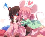  animal_ears black_hair blue_eyes blush commentary_request cushion ears eyebrows furry glasses heart highres hug mouse_girl multiple_girls no_panties on_bed open_mouth original pajamas pink_hair short_hair simple_background sitting smile tail teeth yuri yuuki_(yuyuki000) 