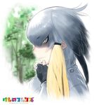  2015 black_gloves chin_stroking close-up copyright_name dated fingerless_gloves gloves grey_hair hair_between_eyes head_wings kemono_friends logo multicolored_hair profile shoebill_(kemono_friends) side_ponytail signature solo tree wings yoshizaki_mine 