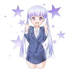  :d absurdres business_suit cropped_legs dayongqi formal hair_ornament highres long_hair looking_at_viewer new_game! open_mouth purple_eyes purple_hair simple_background skirt skirt_set smile snowflake_hair_ornament solo star starry_background suit suzukaze_aoba twintails white_background 