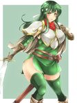  1girl armor belt blush boots breastplate curvy elbow_gloves eyebrows_visible_through_hair female fire_emblem fire_emblem:_ankoku_ryuu_to_hikari_no_tsurugi fire_emblem:_monshou_no_nazo fire_emblem:_shin_ankoku_ryuu_to_hikari_no_tsurugi fire_emblem:_shin_monshou_no_nazo gloves green_eyes green_hair green_legwear hair_between_eyes headband long_hair looking_at_viewer no_panties paola shiny shiny_hair shoulder_pads sidelocks smile solo solo_focus standing sword thick_thighs thighhighs thighs weapon wide_hips 