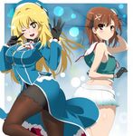  2girls ;d ass atago_(kantai_collection) atago_(kantai_collection)_(cosplay) bangs bare_shoulders beret black_gloves blonde_hair blush breasts brown_eyes brown_hair brown_legwear cosplay eyebrows_visible_through_hair gloves gradient_skirt hair_ornament hat headgear highres kantai_collection large_breasts long_hair look-alike looking_at_viewer maya_(kantai_collection) maya_(kantai_collection)_(cosplay) midriff military military_uniform misaka_mikoto momoiro_tanuki multiple_girls one_eye_closed open_mouth pantyhose remodel_(kantai_collection) round_teeth shokuhou_misaki short_hair sleeveless smile teeth to_aru_kagaku_no_railgun to_aru_majutsu_no_index uniform x_hair_ornament 