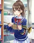  :o absurdres badge bag blush brown_eyes brown_hair classroom clubroom high_ponytail highres holding indoors instrument kishida_mel kosuge_ogaya_hikari long_hair long_sleeves music_stand official_art open_mouth pleated_skirt school_bag school_fanfare sheet_music skirt solo trumpet 