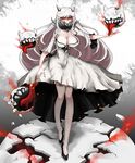  black_nails breasts claws cleavage covered_mouth cracked_floor cracked_shell detached_sleeves dress floating_fortress_(kantai_collection) highres horns kantai_collection large_breasts long_hair looking_at_viewer midway_hime nail_polish outstretched_arm pepii red_eyes shaded_face shinkaisei-kan slippers solo strapless strapless_dress tongue very_long_hair white_dress white_hair wide_hips 