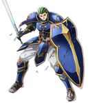  armor armored_boots boots draug_(fire_emblem) fire_emblem fire_emblem:_monshou_no_nazo fire_emblem_heroes full_body gloves green_eyes green_hair highres injury itagaki_hako male_focus official_art scar shield solo sword teeth transparent_background weapon 