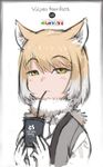  animal_ears artist_name blonde_hair character_name coffee_cup copyright_name cup disposable_cup drinking drinking_straw fox_ears gradient_hair japari_symbol kemono_friends logo multicolored_hair scarf scientific_name simple_background solo tibetan_sand_fox_(kemono_friends) upper_body white_background yellow_eyes yoshizaki_mine 