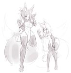 2015 animal_humanoid bent_over big_tail bracelet breasts canine clothed clothing duo female fox fox_humanoid fully_clothed gesture hair half-closed_eyes huge_tail humanoid hyper_tail inner_ear_fluff japanese_clothing jewelry kiri_(sub-res) legwear long_hair looking_at_viewer mammal monochrome ok_sign on_one_leg one_eye_closed simple_background sketch smile standing sub-res suzu_(sub-res) thigh_highs white_background wide_hips 
