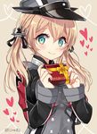  anchor_hair_ornament aqua_eyes blonde_hair box gift gift_box hair_ornament hat heart kantai_collection long_sleeves military military_uniform peaked_cap prinz_eugen_(kantai_collection) shijima_(sjmr02) smile solo twintails twitter_username uniform valentine 