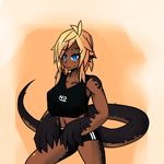  2015 big_hands bike_shorts blonde_hair blue_eyes clothed clothing dark_skin english_text female hair hybrid lizard navel pointy_ears reptile scales scalie shirt shorts simple_background solo standing sub-res tank_top text 