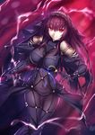  bodysuit breasts commentary_request covered_navel fate/grand_order fate_(series) gae_bolg highres holding holding_weapon large_breasts long_hair looking_at_viewer pauldrons polearm purple_bodysuit purple_hair red_eyes scathach_(fate)_(all) scathach_(fate/grand_order) smile solo spear veil weapon yoshida_takuma 