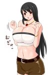  78_(tky8) alternate_costume belt black_hair bracelet breast_squeeze breasts brown_eyes bursting_breasts collarbone crop_top dead_or_alive hands_up heart jewelry kokoro_(doa) large_breasts long_hair midriff miniskirt navel open_mouth pencil_skirt skirt solo 