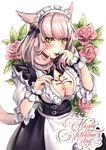  :p animal_ears apron aruma_jiki blush breasts cat_ears cat_tail chocolate chocolate_on_breasts cleavage facial_mark final_fantasy final_fantasy_xiv finger_licking finger_to_mouth flower happy_valentine large_breasts licking looking_at_viewer maid maid_headdress miqo'te pink_hair rose short_hair slit_pupils solo tail tongue tongue_out valentine waist_apron white_apron wrist_cuffs yellow_eyes 