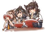  akizuki_(kantai_collection) black_eyes black_hair bodysuit bowl braid brown_hair eating food hachimaki hair_flaps hairband hatsuzuki_(kantai_collection) headband headgear kantai_collection karasu_(naoshow357) light_brown_hair long_hair looking_at_viewer multiple_girls noodles ponytail ramen school_uniform serafuku short_hair skirt teruzuki_(kantai_collection) twin_braids white_skirt yellow_eyes 