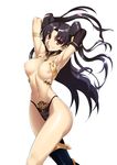  arm_at_side asymmetrical_legwear bangs black_hair black_legwear black_ribbon bnc_(bunshi) breasts cleavage closed_mouth collarbone cowboy_shot earrings eyebrows_visible_through_hair fate/grand_order fate_(series) hair_ornament hair_ribbon hand_in_hair hand_up highres ishtar_(fate/grand_order) jewelry light_particles long_hair looking_at_viewer medium_breasts navel neck_ring nipples parted_bangs red_eyes revealing_clothes ribbon shiny shiny_hair shiny_skin simple_background single_thighhigh smile solo stomach thigh_gap thighhighs topless very_long_hair white_background 