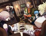  3boys armor blonde_hair book brown_hair facial_hair fate/apocrypha fate/extra fate/extra_ccc fate/grand_order fate/prototype fate/prototype:_fragments_of_blue_and_silver fate_(series) fou_(fate/grand_order) glasses hair_over_one_eye hans_christian_andersen_(fate) jekyll_and_hyde_(fate) long_hair mash_kyrielight mordred_(fate) mordred_(fate)_(all) multiple_boys multiple_girls open_mouth purple_hair short_hair smile tetsu_(teppei) william_shakespeare_(fate) 