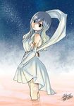  backless_dress backless_outfit blue_eyes blue_hair breasts dress fairy_tail from_side head_tilt juvia_lockser large_breasts long_hair looking_at_viewer mashima_hiro official_art sideboob signature skirt_hold solo tattoo wading water white_dress 