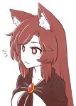  1girl :3 animal_ear_fluff animal_ears bangs breasts brooch brown_eyes brown_hair collarbone commentary dress english_commentary imaizumi_kagerou jewelry long_hair medium_breasts simple_background smile solo swept_bangs touhou upper_body white_background white_dress wolf_ears wool_(miwol) 