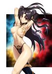  armlet armpits arms_up black_hair black_legwear bnc_(bunshi) breasts earrings fate/grand_order fate_(series) hair_ribbon highres hoop_earrings ishtar_(fate/grand_order) jewelry long_hair looking_at_viewer medium_breasts navel nipples red_eyes ribbon shiny shiny_skin single_thighhigh smile solo thighhighs twintails 