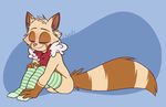  anthro blush brown_fur chest_tuft clothing eyes_closed flat_colors fur happy league_of_legends legwear male mostly_nude simple_background sitting smile socks teemo_(lol) tuft veigar-chan video_games yordle 